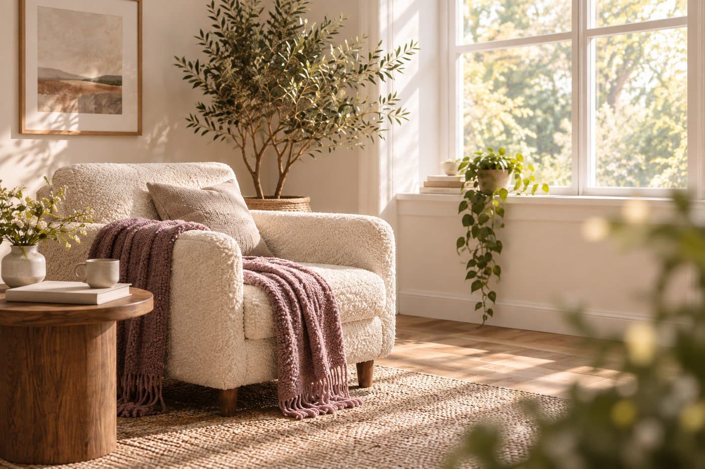 A comfortable armchair with a soft plum throw beside an olive tree