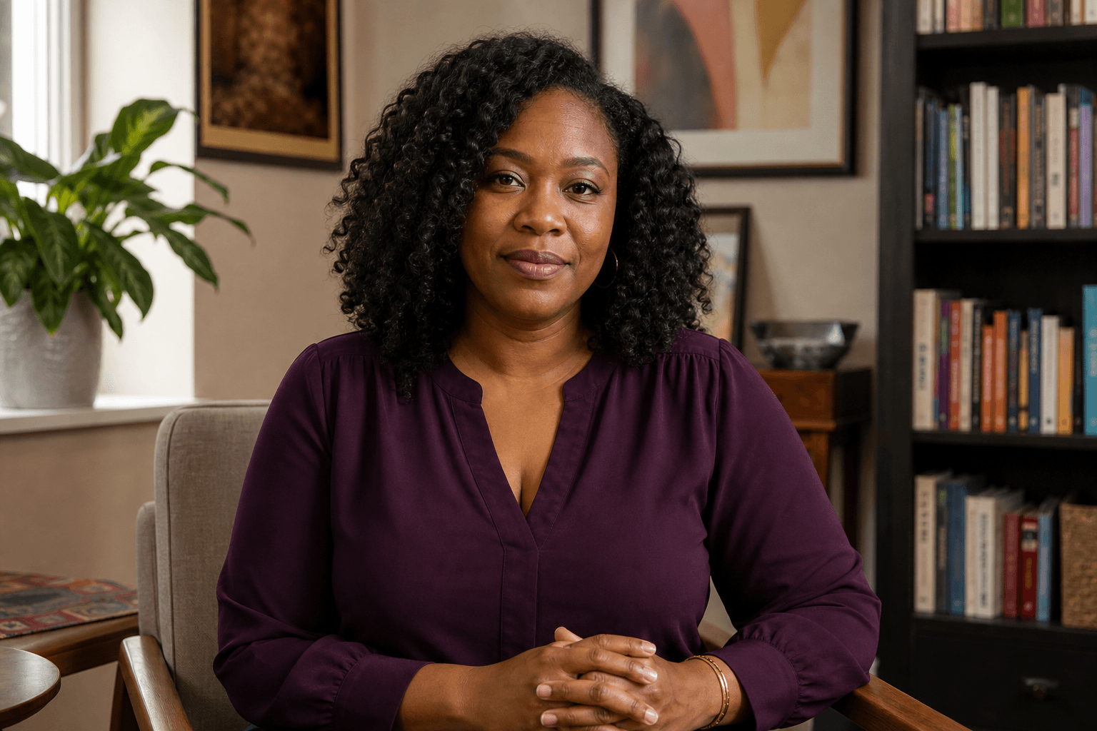 Portrait of Maya Okonkwo, a fictional prototype therapist